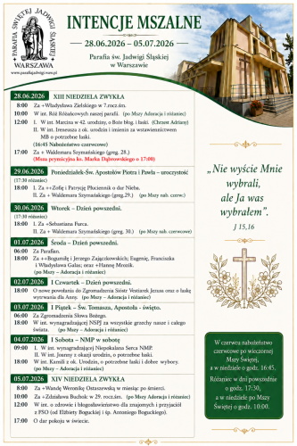 Intencje Mszalne od 28.06 - 05,07, 2026r